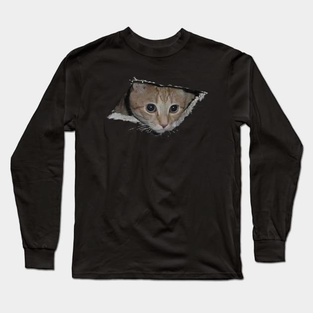 The same cat that looks out of a hole in the ceiling now looks out of a hole in anything! Long Sleeve T-Shirt by svu